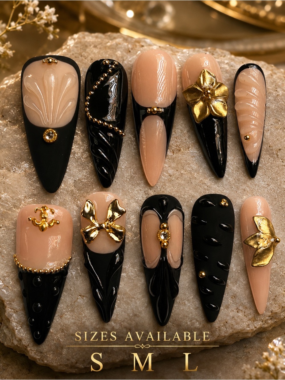 Nude & Black Press-On Nail Set with Gold Accents